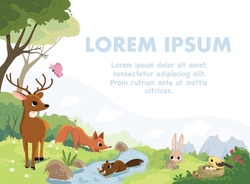 Cartoon vector animals. Forest fauna. Forest inhabitants. Green valley landscape and river, forest and mountains. Northern national park. Little brown baby bambi deer. Flat vector.