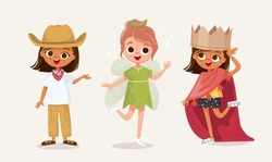 Small children dressed up in farmer, cowboy, fairy, fey, nymph, princess, queen costume standing in various poses isolated vector illustration. New look for kids costume party.Dressing up for carnival