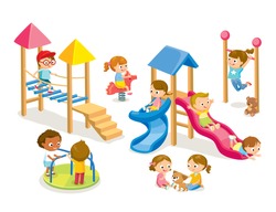 Children playing on playground with rope bridge, hanging horizontal ladder, slide ,radical rotator, carousel fooling around, having fun in fine good mood.