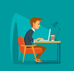 Man freelancer working telecommuting with laptop siting at workplace teleworking. Telework mobile remote work working from home, WFH, flexible workplace. Vector illustration