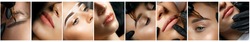 Permanent makeup collage: closeup photos of eyes and eyebrows. Specialist applying permanent pigment