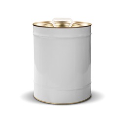empty white metal barrel, used for storing paint, graffiti for wall texture. Space for logo.
