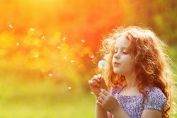 Beautiful child enjoy blowing dandelion in spring park. Little curly girl with spring flower in sunset light.