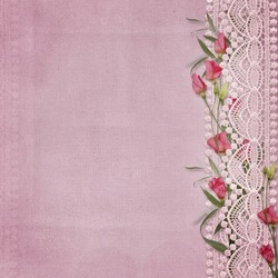 Roses and lace on vintage pink background. Greeting card