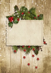 Christmas vintage card with holly,firtree