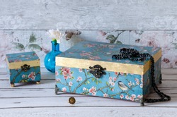 Beautiful decoupaged and gilded jewellwry boxes