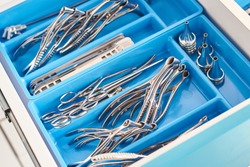 Otolaryngology medical instruments for ear, nose, throat, base of the skull treatment and surgery such as nasal speculums, forceps, tongue depressors, probes and tweezers in blue doctor box