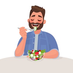 Man is eating a salad. Vegetarian. The concept of proper nutrition and healthy lifestyle. Vector illustration in cartoon style