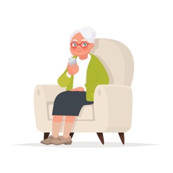 Grandmother sits in a chair and holds a phone in her hand. Vector illustration in cartoon style