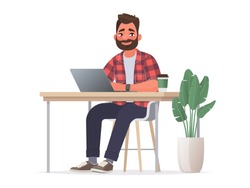 Business man at the desktop with a laptop. Freelancer or office worker. Vector illustration in cartoon style