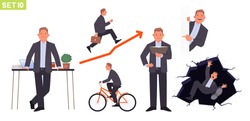 Businessman character set. Man manager in various poses and situations. Rides a bike, runs on schedule, reads a book, falls into a hole, at a work desk. Vector illustration in flat style