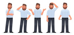 Set of character man in different actions. The businessman thinks, searches, shrugs, doubts, shows empty pockets. Financial difficulties. Vector illustration in cartoon style