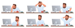 Businessman at desktop. Tired and successful worker. Deadline. The employee is angry. Different emotions of a man working in an office at a computer. Vector illustration in cartoon style