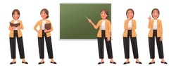 Teacher woman character set. Happy teacher pointing at the blackboard, posing, reading, thinking, idea. Vector illustration in cartoon style