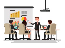Business meeting. Presentation of the project. Man speaks before his colleagues. Vector illustration of a flat design