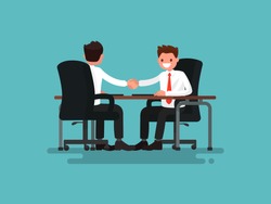 Business partners. Handshake of two businessmen behind a desk. Vector illustration of a flat design