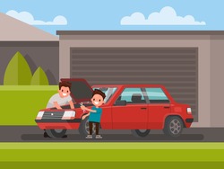 Car repair. Son helps his father to repair the car. Vector illustration of a flat design