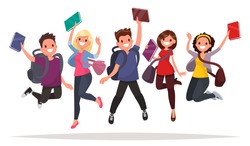 Happy group of students are jumping on a white background. Cheerful young people with backpacks and books. Vector illustration in a flat style