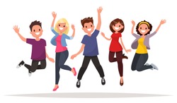 Happy group of people jumping on a white background. The concept of friendship, healthy lifestyle, success. Vector illustration in a flat style