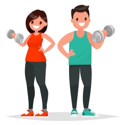 Fitness couple. Man and woman dressed in sportswear are doing exercises with dumbbells. Vector illustration in a flat style