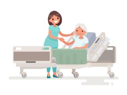 Hospitalization of the patient. A nurse taking care of a sick elderly woman lying in a medical bed. Vector illustration in a flat style