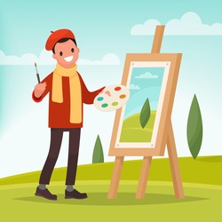 Artist paints a picture of landscape in the nature. Plein Air. Vector illustration in a flat style