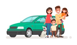 Happy family with a car on a white background. Vector illustration in a flat style