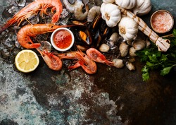 Seafood copy space Background with fresh raw Mussels, Clams, Vongole, Prawns, Shrimps and Ingredients