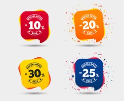 Sale discount icons. Special offer stamp price signs. 10, 20, 25 and 30 percent off reduction symbols. Speech bubbles or chat symbols. Colored elements. Vector