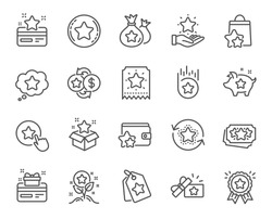 Loyalty program line icons. Bonus card, Redeem gift and discount coupon signs. Lottery ticket, Earn reward and winner gift icons. Shopping bag, loyalty card and lottery present. Vector