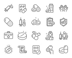 Medical drugs line icons. Healthcare, Prescription and Pill signs. Pharmacy drugs, medical nurse, recipe pill icons. Antibiotic capsule, syringe vaccination, medicine cure. Vector