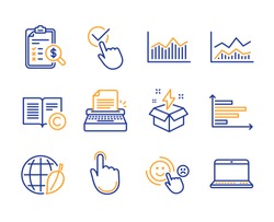 Typewriter, Hand click and Checkbox icons simple set. Accounting report, Customer satisfaction and Environment day signs. Creative idea, Copyright and Trade infochart symbols. Line typewriter icon