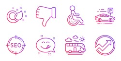 Bus travel, Dislike hand and Yummy smile line icons set. Car parking, Seo and Paint brush signs. Disability, Audit symbols. Transport, Thumbs down. Business set. Gradient bus travel icon. Vector