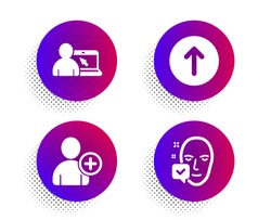 Online education, Swipe up and Add user icons simple set. Halftone dots button. Face accepted sign. Internet lectures, Scroll screen, Profile settings. Access granted. Business set. Vector