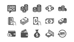 Money and payment icons. Cash, Wallet and Coins. Account cashback classic icon set. Quality set. Vector