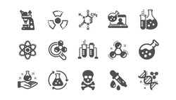 Chemistry lab icons. Chemical formula, Microscope and Medical analysis. Laboratory test flask, reaction tube, chemistry lab icons. Classic set. Quality set. Vector