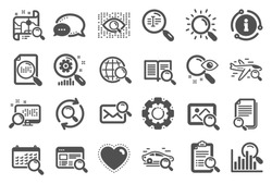 Search icons. Photo indexation, Artificial intelligence, Car rental icons. Airplane flights, Web search engine, Analytics. Find photo, checklist document, artificial intelligence eye. Vector