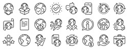 Global law, translate language, Outsource business. World business line icons. International organization, financial transactions, world map icons. Delivery service, global outsource. Vector