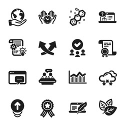 Set of Science icons, such as Snow weather, Cogwheel. Certificate, approved group, save planet. Organic tested, Chemical formula, Seo message. Money diagram, Safe time, Online help. Vector
