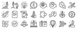 Launch Project, Business report, Target icons. Startup line icons. Strategy, Development plan, Startup space rocket. Air balloon, Out of the Box strategy and Business innovation report. Vector