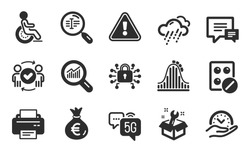 Search text, Medical tablet and Money bag icons simple set. 5g internet, Disability and Data analysis signs. Spanner, Security lock and Rainy weather symbols. Flat icons set. Vector