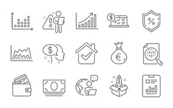 Pay, Startup and Report document line icons set. Cash money, Online accounting and Loan percent signs. Graph chart, Dot plot and Analytics chart symbols. Money bag, Debit card. Line icons set. Vector