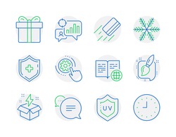 Business icons set. Included icon as Text message, Uv protection, Internet book signs. Creative idea, Cogwheel settings, Painting brush symbols. Medical shield, Seo statistics, Snowflake. Vector
