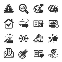 Set of Education icons, such as Recovery cloud, Data analysis, Time management symbols. Target, Engineering documentation, Dollar exchange signs. Court jury, Approved, Love book. Vector