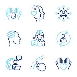 People icons set. Included icon as Engineering, Person info, Hold heart signs. Wash hands, Heart, Networking symbols. Nurse, Swipe up line icons. Cogwheel head, Refresh user data. Vector