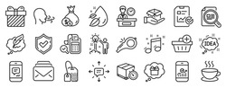 Set of line icons, such as Whistle, Sms, Smartphone statistics icons. Message, Check article, Tea bag signs. Breathing exercise, Report checklist, Add purchase. Mail, Cash, Delivery timer. Vector