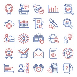 Education icons set. Included icon as Safe time, Check article, Cloud computing signs. Technical documentation, International Copyright, Drums symbols. Bill accounting, Horizontal chart. Vector