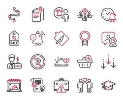 Vector Set of Business icons related to Teamwork, Scroll down and Warning briefcase icons. Video conference, Reward and Cutting board signs. Sale coupon, Cogwheel and Alarm bell. Market. Vector
