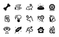 Vector set of Pets care, Dog competition and Winner cup icons simple set. Dog certificate, Pet shelter and Animal tested icons. Pet shampoo, Lightweight and Feather signs. Vector