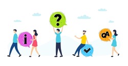 Information, question and answer illustration. Online Faq communication, getting help information, answering questions. Faq illustration of people. Help QA info symbol. Question mark icon. Vector